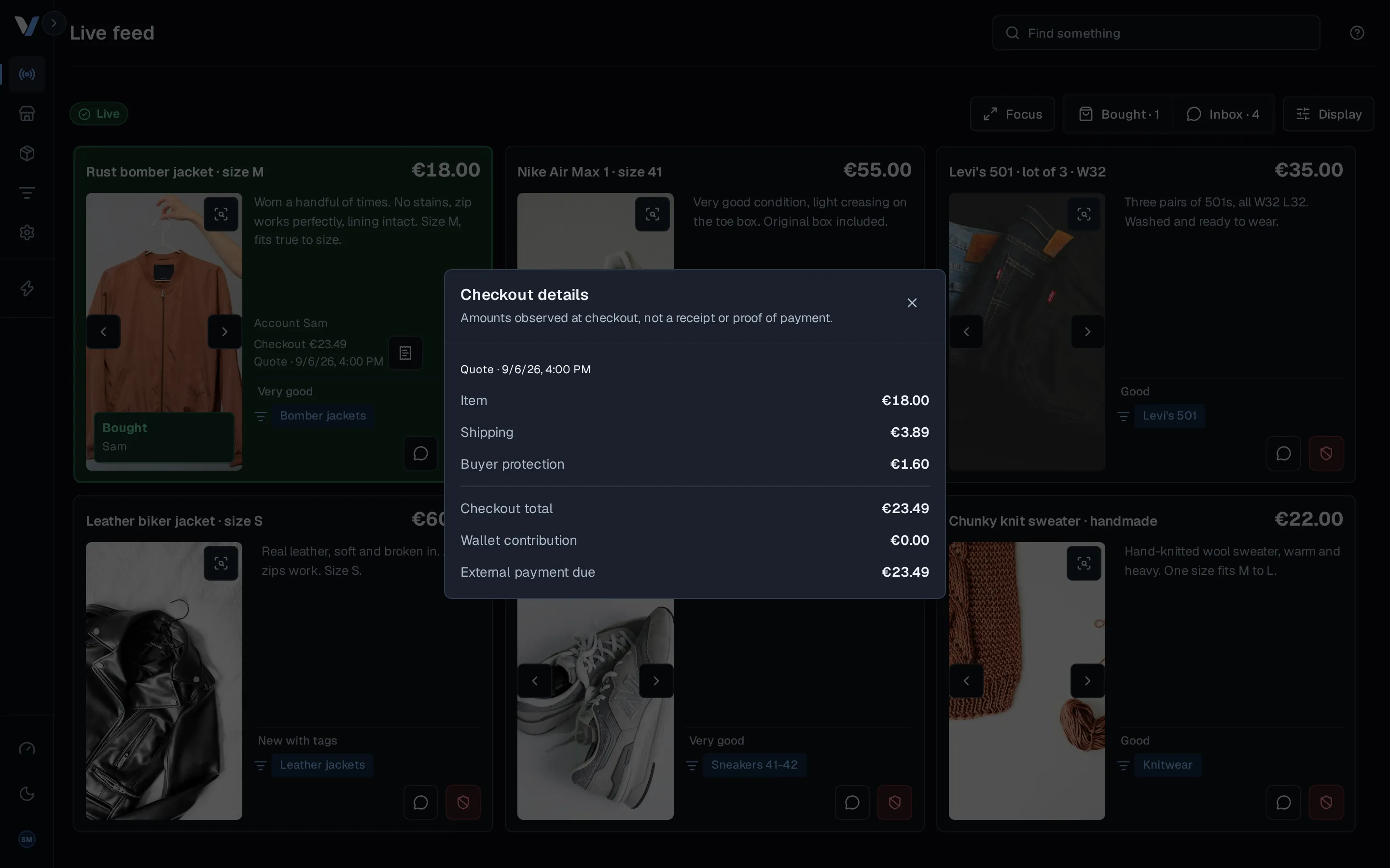 The checkout details of a purchase in Vinds: item, shipping, buyer protection and total
