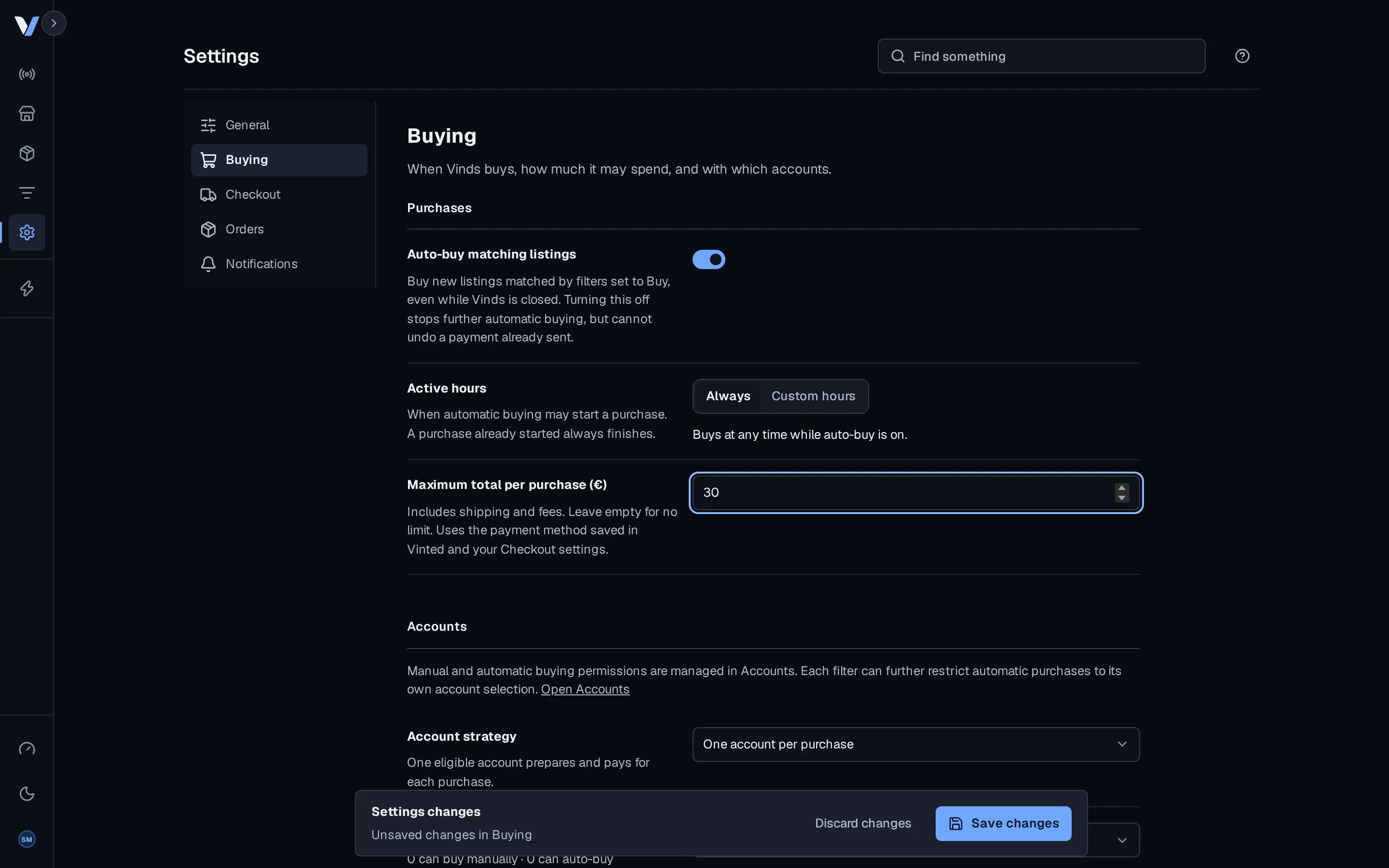 The Vinds buying settings: auto-buy switch, active hours and maximum total